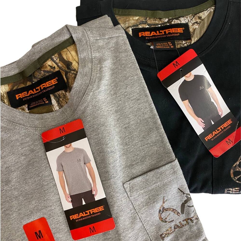 Realtree by Boston Traders Men’s Short Sleeve Tee, 2-pack Black/Gray Medium NWT